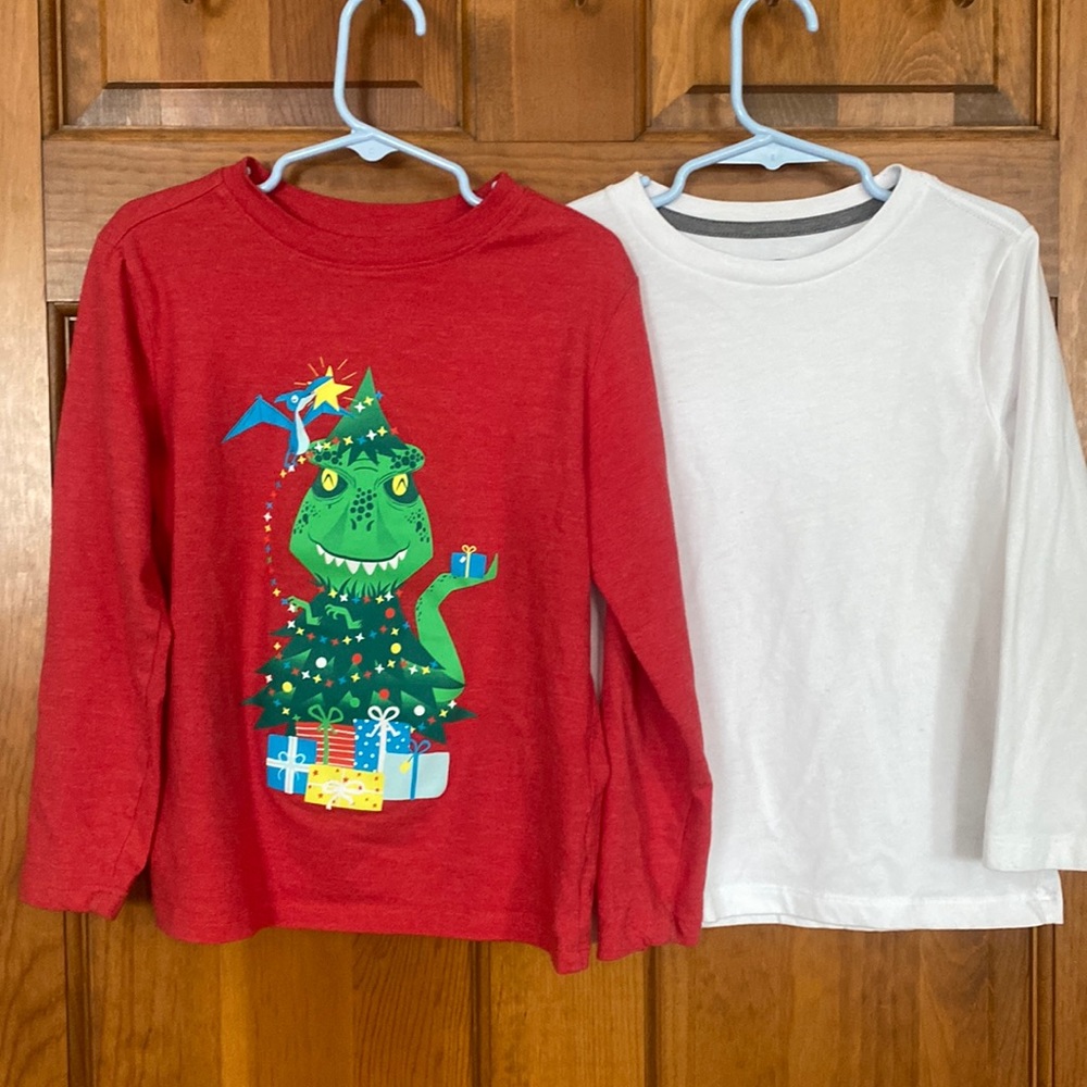 5t long sleeve shirts. Red dinosaur. Plain white.